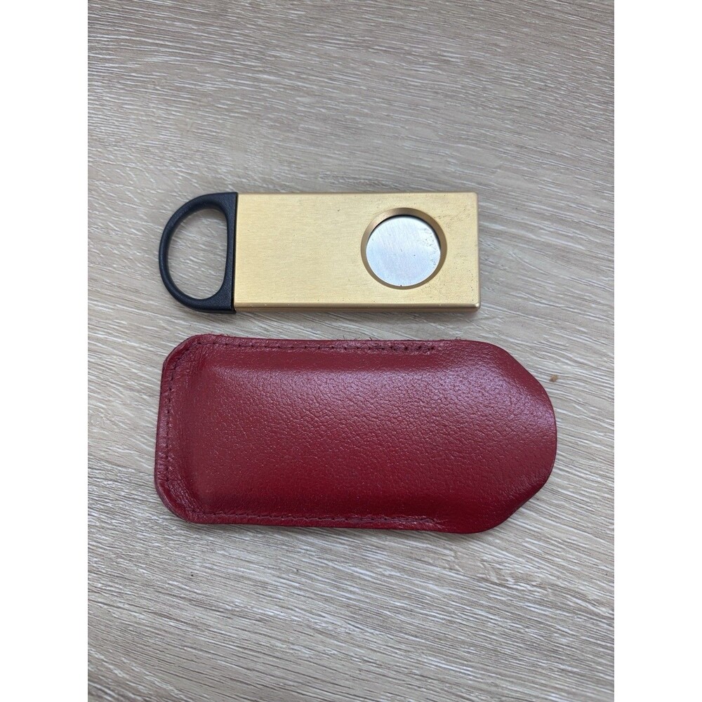 Vintage Gold Cigar Cutter Guillotine Pocket Size W/Red Leather Travel Case